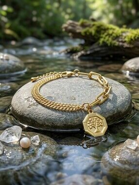18K Gold Tree of Life Charm Paperclip Chain Bracelet Clean Girl Layering 7"